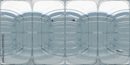 A seamless HDRI environment featuring a metallic, grid-like reflective structure with a clean, futuristic aesthetic. Cool tones dominate the scene, giving it a high-tech, sterile ambiance