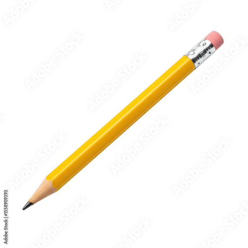 A small 3.5-inch vibrant yellow hexagonal golf pencil with a dark graphite tip, silver ferrule, and pink rubber eraser, captured in a 3/4 view on a transparent isolated background with studio