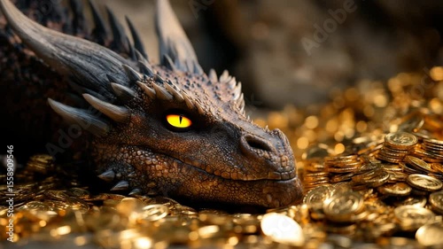 A captivating image of a dragon surrounded by treasure. The dragon, with its intense gaze, guards a hoard of golden coins and gems