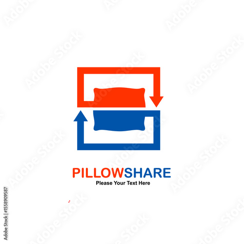 Red and blue "Pillow Share" logo with two pillows in an exchange cycle. Ideal for pillow rental, sharing, or hospitality services.