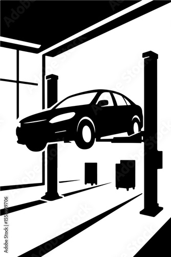 Silhouette of a car on a hydraulic lift in an auto repair shop on a transparent background