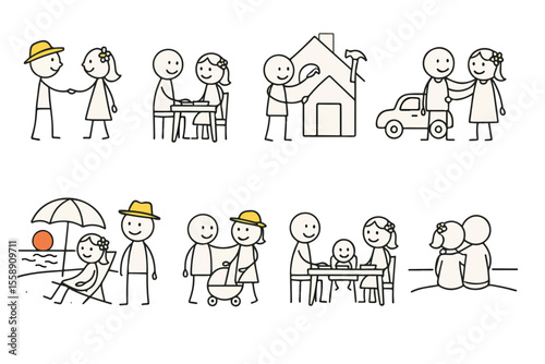 Illustration of a happiness story showing joyful moments and activities with family