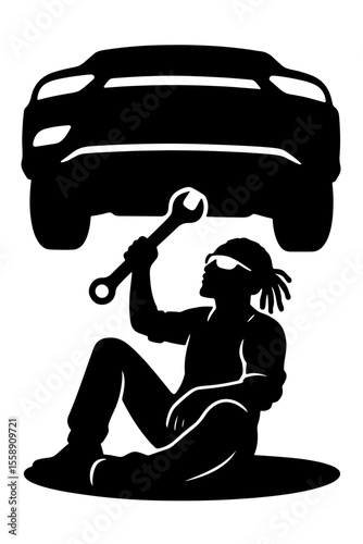 Silhouette of a mechanic sitting under a car holding a wrench on a transparent background