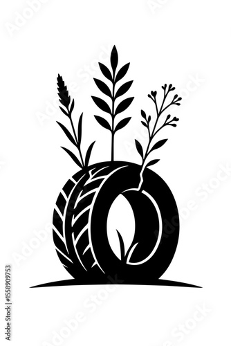 Silhouette of a tire with plants growing out of it on a transparent background for eco-friendly automotive concept