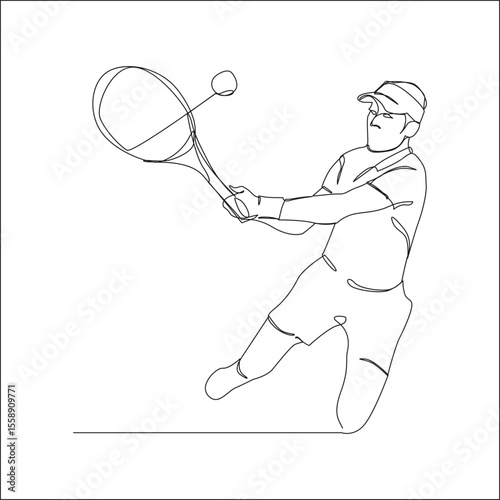 Minimalist line art of a tennis player hitting a forehand shot with a racket, capturing motion and focus in a dynamic pose.