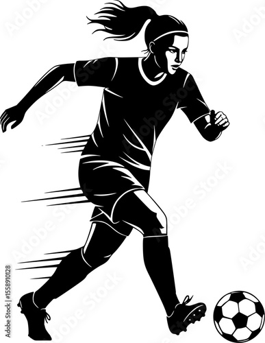 a female soccer player dynamically dribbling the ball, with motion lines indicating speed and agility.