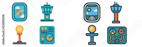 Colorful illustrations of aviation elements depicting airport features and control systems