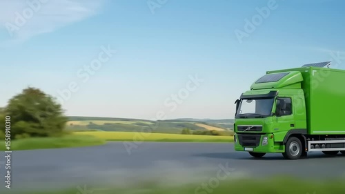 Green delivery truck driving along a highway with rolling hills and clear blue skies in the background