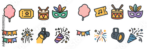 Colorful carnival symbols featuring cotton candy, masks, and festive decorations celebrating local traditions