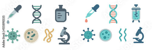 Collection of laboratory tools and biological icons showcasing scientific research and experimentation