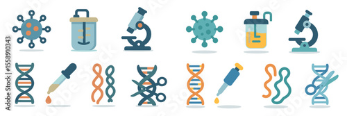 Laboratory tools and symbols representing scientific research in microbiology, genetics, and biotechnology