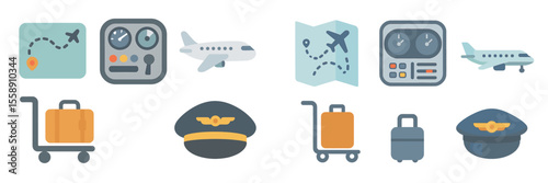 Travel icons showing airplane journey with navigation tools, luggage, and pilot gear in a simplified design