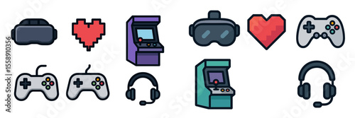 Collection of gaming icons including controllers, headsets, and arcade machines displayed in a colorful layout