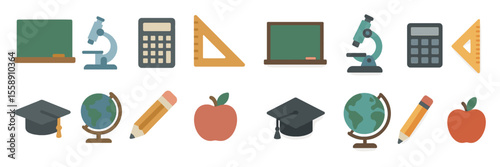 School supplies and educational tools displayed with various icons for learning activities and academic purpose