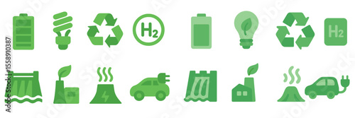 Collection of green energy icons representing sustainability and renewable resources in a uniform design