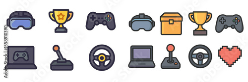 Collection of gaming icons showcasing virtual reality, trophies, and gaming controls for modern gamers at an event