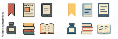 Collection of reading materials including books, magazines, and e-readers on a simple background