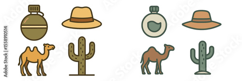 Desert elements including camels, cacti, hats, and canteens in a simple graphic style