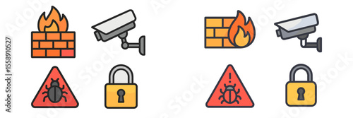 Icons representing security measures and threats related to fire, surveillance, and bugs arranged in two rows on a white background