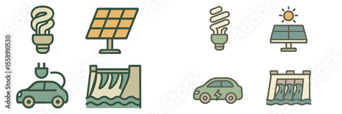 Illustrations of renewable energy sources showcasing solar, wind, and hydroelectric power in a clear and informative layout