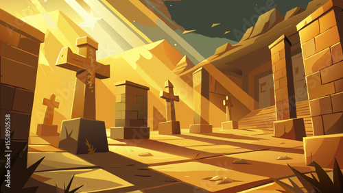 Sunlight falls diagonally across carved crosses etched into ancient stone walls. Dust floats in the air as shadows shift over chiseled passageways.

