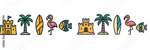 Coastal summer vibes featuring palm trees, surfboards, castles, and tropical elements in a colorful beach setting
