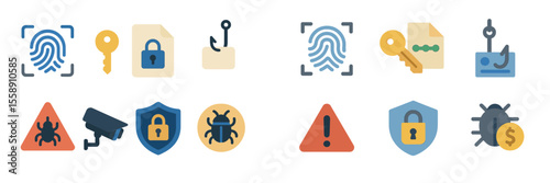 Cybersecurity icons representing digital threats, protection measures, and user identification in a flat design style