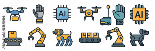 Diverse robotic and AI-themed icons showcasing various technologies in a modern format