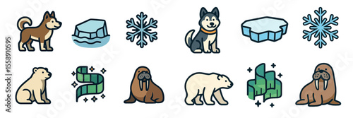 Animal illustrations featuring polar and arctic wildlife with winter elements in a playful design