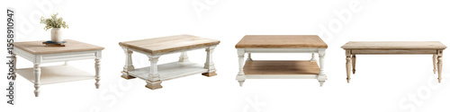 Wallpaper Mural Assortment of wooden coffee tables in various sizes, styles and heights, farmhouse design, light wood and painted white Torontodigital.ca