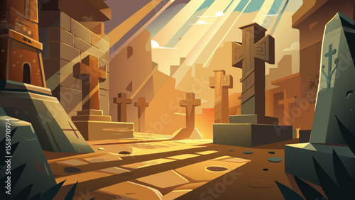 Sunlight falls diagonally across carved crosses etched into ancient stone walls. Dust floats in the air as shadows shift over chiseled passageways.

