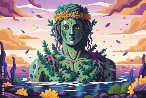 Submerged Statue Covered in Algae and Marine Growth cartoon perfect for backgrounds, aquatic themes, meditation visuals, or marine design elements