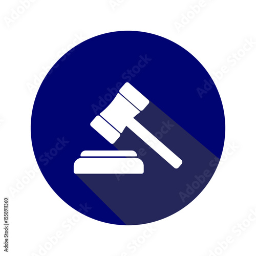 Gavel icon in the navy blue circle on white background.