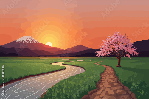 Serene sunset landscape mount fuji cherry blossom tree