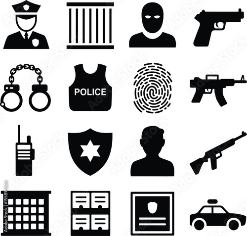 Police crime law enforcement vector icons set for security investigation and criminal justice design