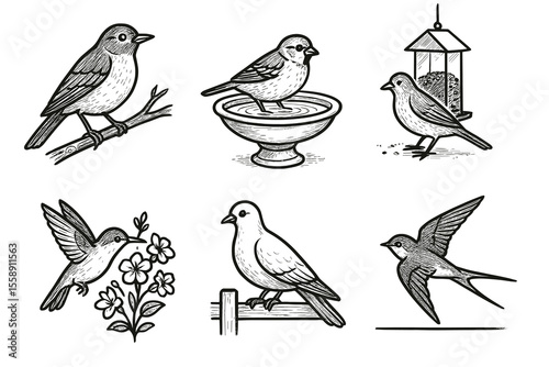Black and white bird illustrations: variety of birds in different settings