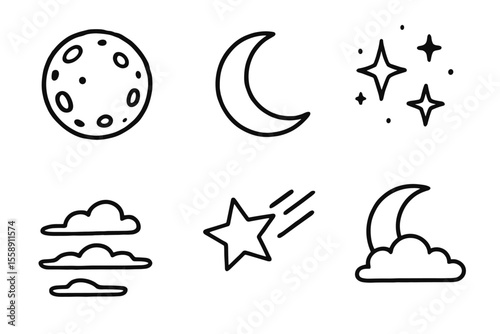 Celestial icons: moon, crescent, stars, clouds, shooting star