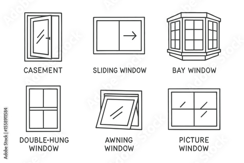 Vector illustration of casement, sliding, bay, double-hung, awning, picture windows