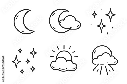 Moon, clouds, stars, and sun line art icons in set