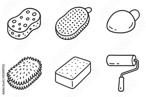 Set of cleaning tools: sponges, brush, roller in black and white