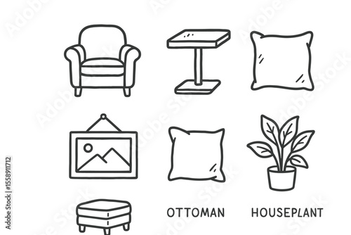 Hand-drawn furniture and decor icons set: chair, table, cushions, painting, ottoman, houseplant