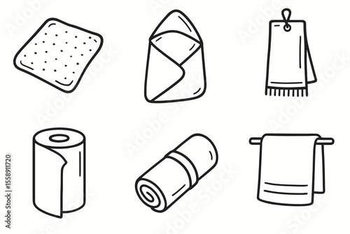 Hand-drawn towel icons set - washcloths, bath, paper, hanging