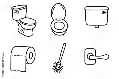 Simple bathroom icons: toilet, paper, brush, flush tank, handle