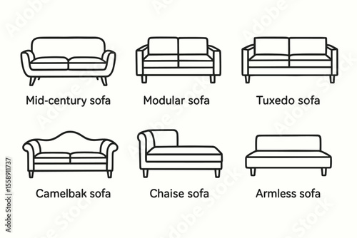 Line art of six sofa types: mid-century, modular, tuxedo, camelback, chaise, armless