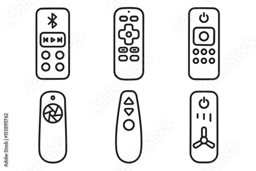 Set of six black and white remote control icons with various functions