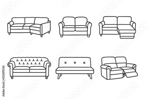 Line art sofa collection with various designs and styles