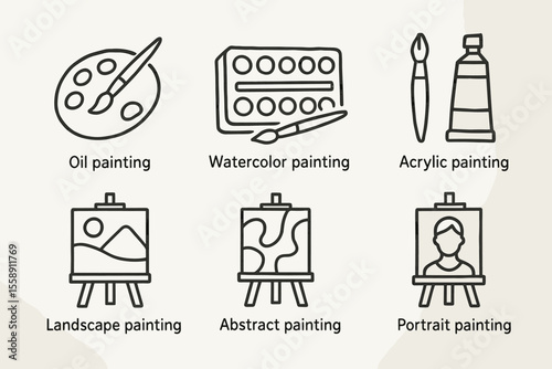 Art supplies icons: oil, watercolor, acrylic, landscape, abstract, portrait