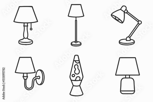 Outline illustrations of various lamp designs: table, floor, desk, wall, lava, modern