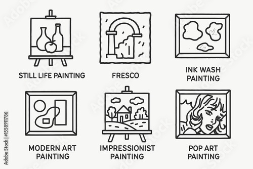 Types of art paintings - still life, fresco, ink wash, modern, impressionist, pop art