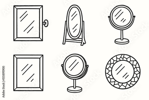 Set of various mirrors including wall, floor, handheld, and decorative designs